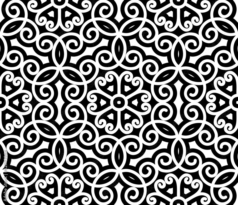 Black and white swirly ornament, seamless pattern Black and white swirly ornament, seamless pattern