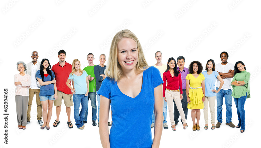 Fototapeta premium Blonde Young Woman Standing In Front Of A Crowd