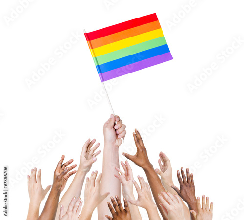 Group Diverse Hands Holding the Flag of Gay Rights photo