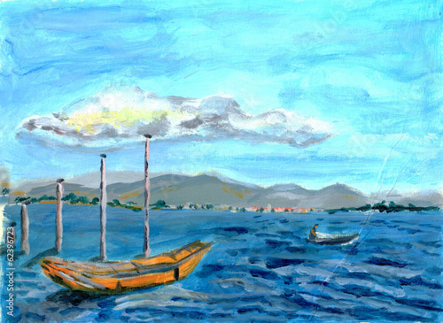 oil painting lake and boat