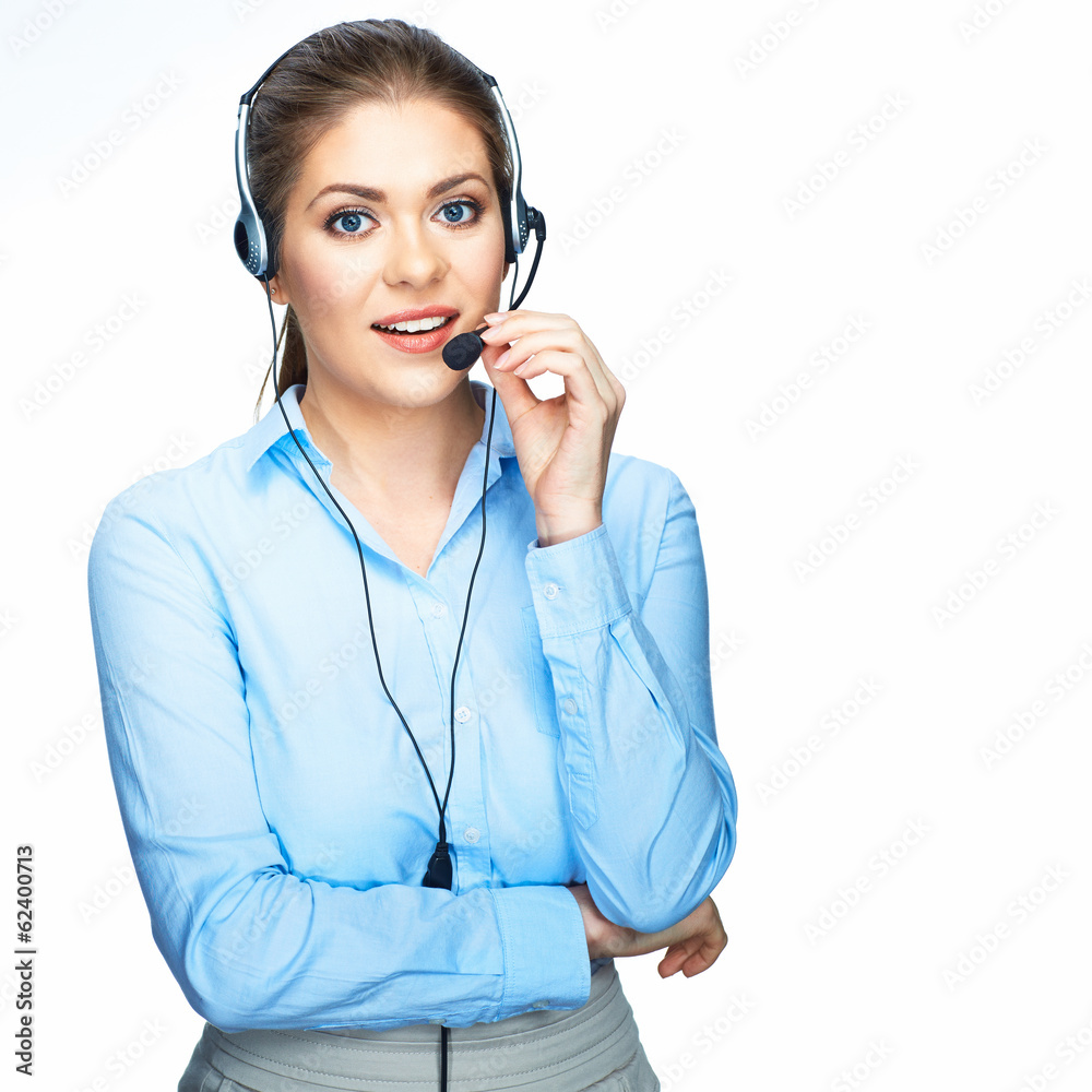 Call center operator consultant talking with microphone Call center operator consultant talking with microphone