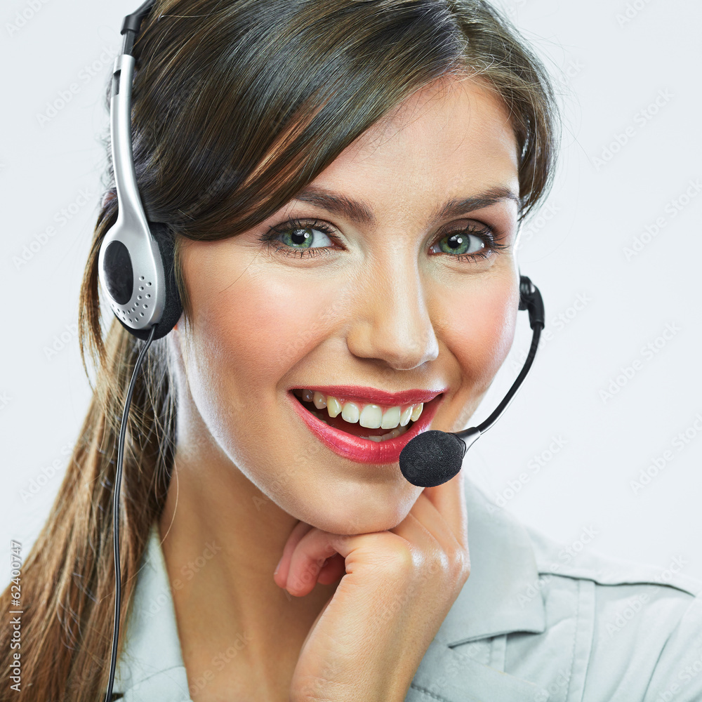Customer support operator. Woman face.Call center smiling opera Customer support operator. Woman face.Call center smiling opera