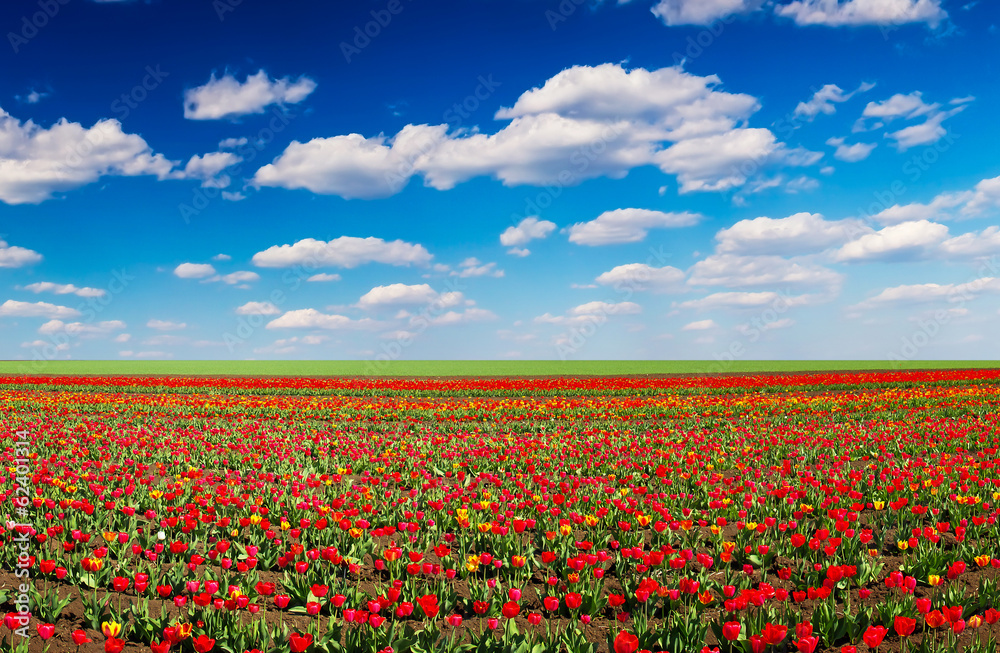 Field with flowers and sky. Spring landscape