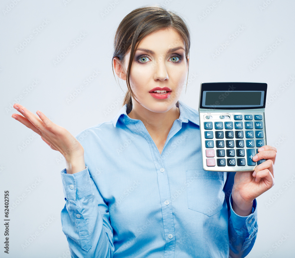 Business woman trouble concept with count machine Business woman trouble concept with count machine