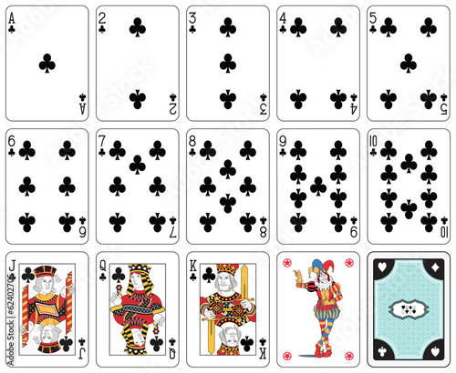 Isolated Club suit playing cards. Original figures