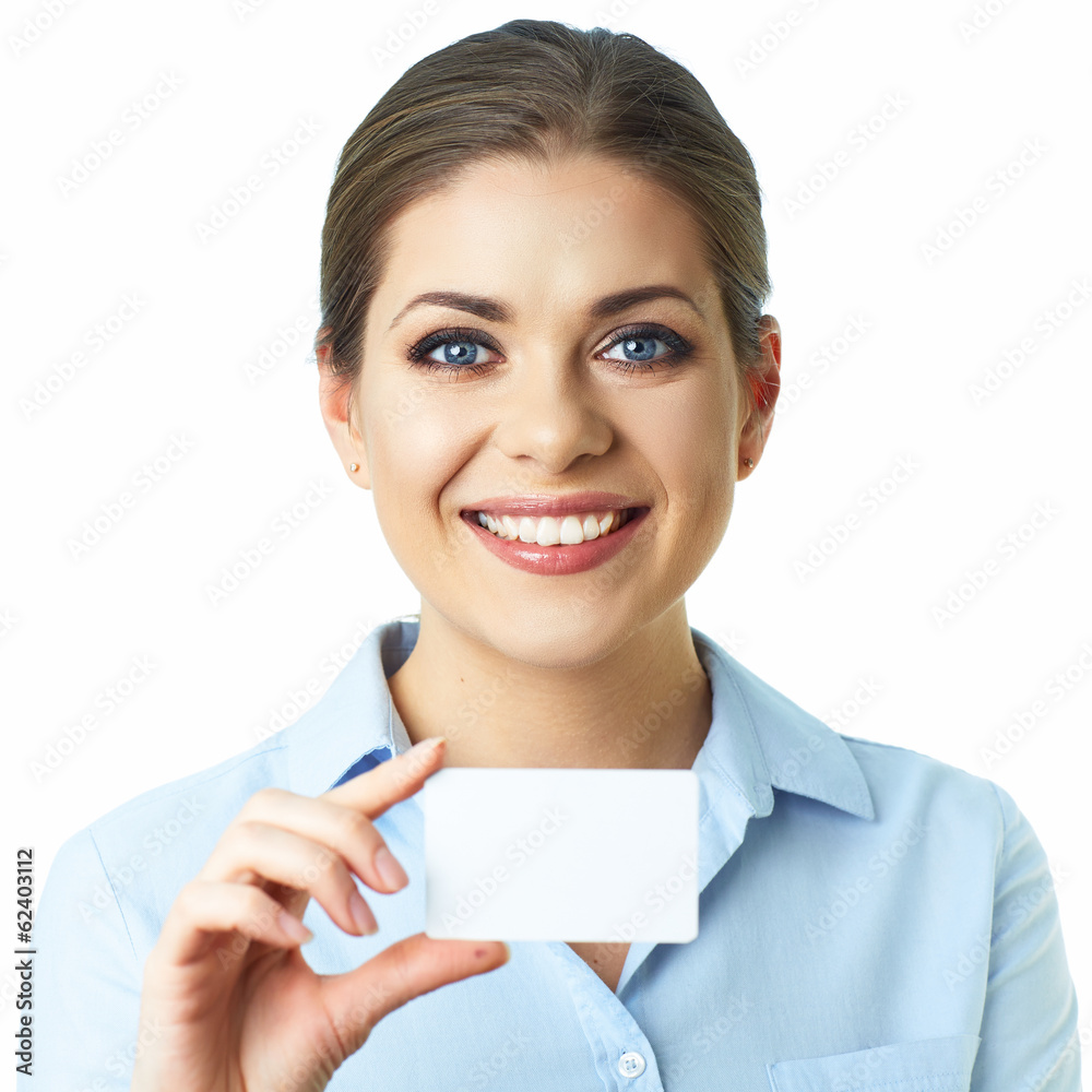 Toothy smiling business woman isolated portrait. Credit card. Toothy smiling business woman isolated portrait. Credit card.