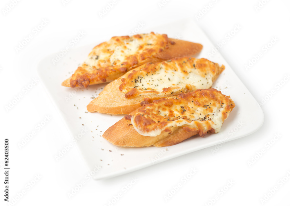 Three pieces of garlic bread topped with cheese on a white plate