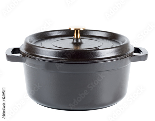 Iron cast pot with cover and brass knob isolated close up