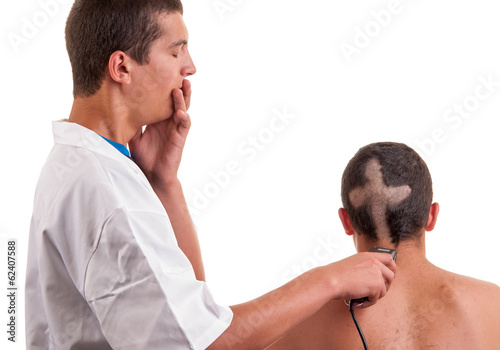 young barber man is worried that he by mistake wrong cut hair wi