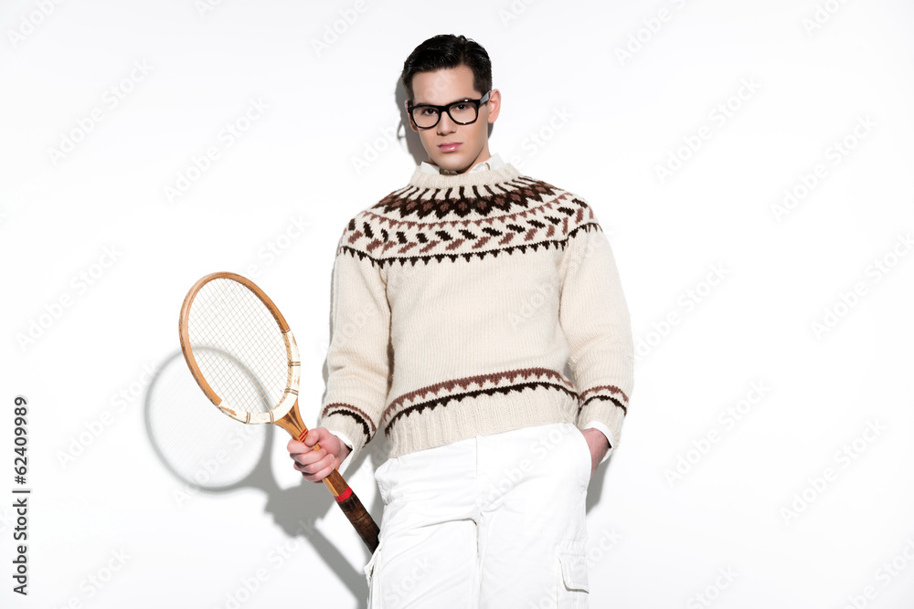 Retro tennis fashion man with black glasses holding a vintage wo Stock  Photo | Adobe Stock