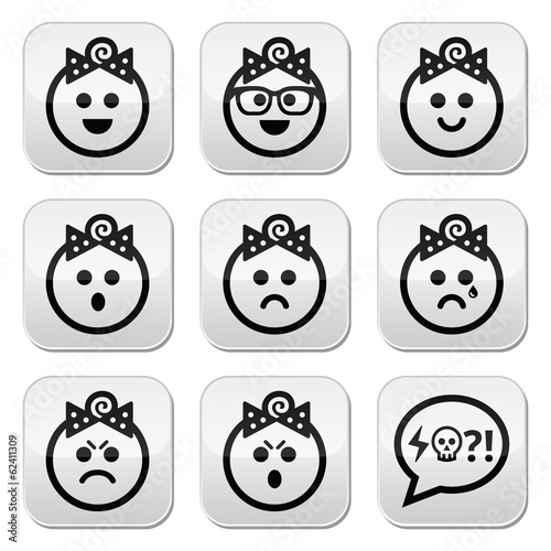 Baby girl faces, avatar vector buttons set