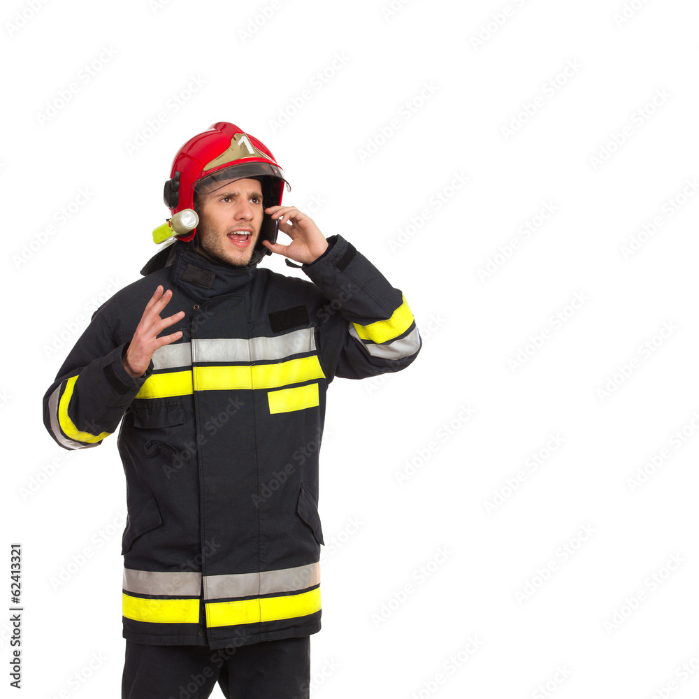 Shouting fireman using phone. Shouting fireman using phone.