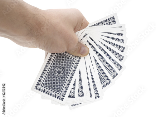 Man hand holding cards on white background with clipping path