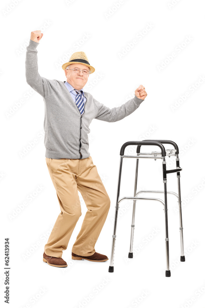 Old man with a walker raising his hands Old man with a walker raising his hands
