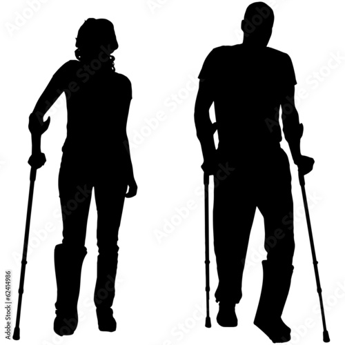 Vector silhouettes of people with crutch.