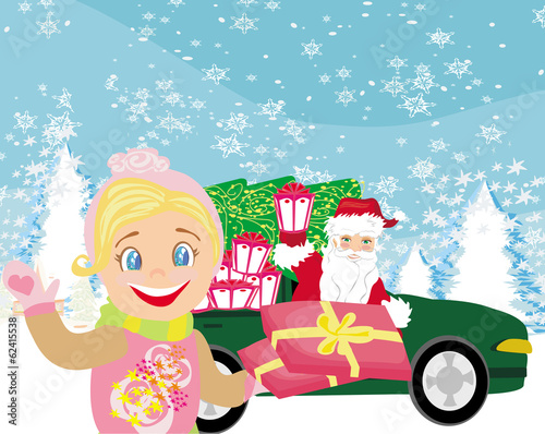 Santa Claus driving car with Christmas gifts