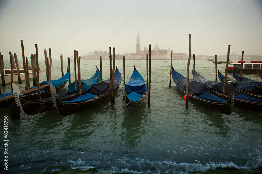 Venice, Italy. Gondolas on Grand Canal at sunrise.