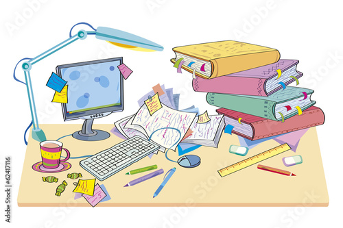Desk with the computer and books