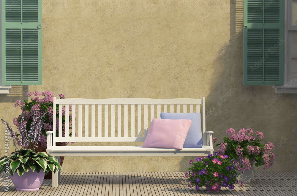 Fototapeta premium White bench near the wall