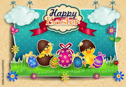 Easter eggs with chicks cartoon