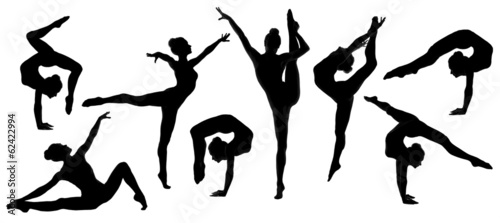 Fotografie, Obraz silhouette gymnast dancer, set of ballerina female flexible pose