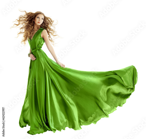Tablou canvas Woman in beauty fashion green gown, long evening dress