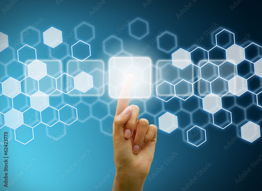 Woman hand touching digital interface Woman hand touching digital interface