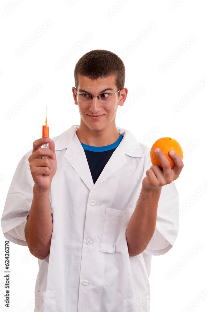 Young scientist happy to do experiments with fruits. Concept for Young scientist happy to do experiments with fruits. Concept for