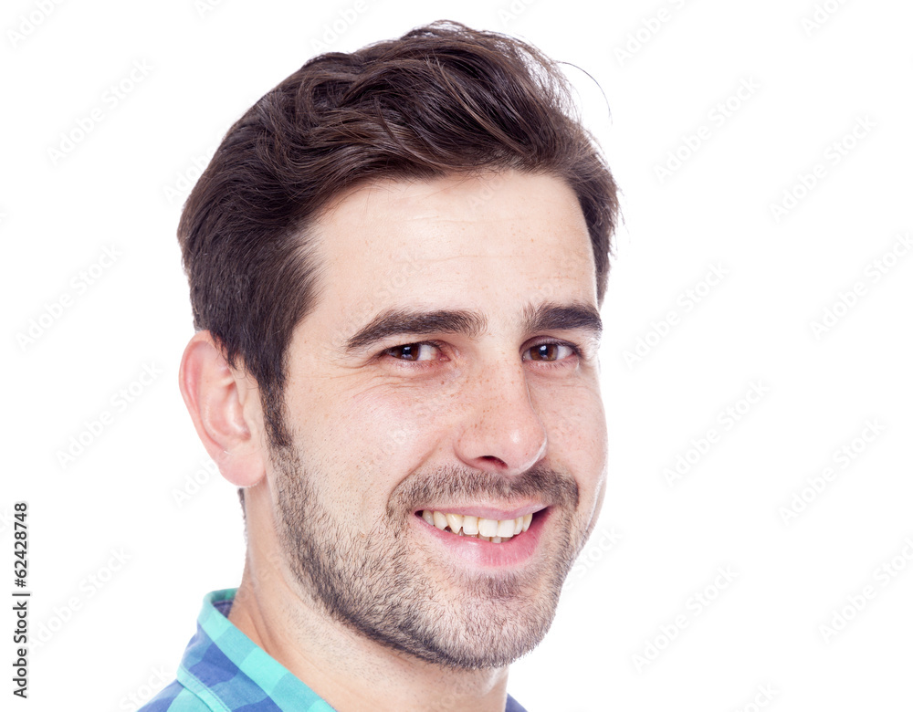 Close-up portrait of a smiling man, isolated on a white backgrou Close-up portrait of a smiling man, isolated on a white backgrou