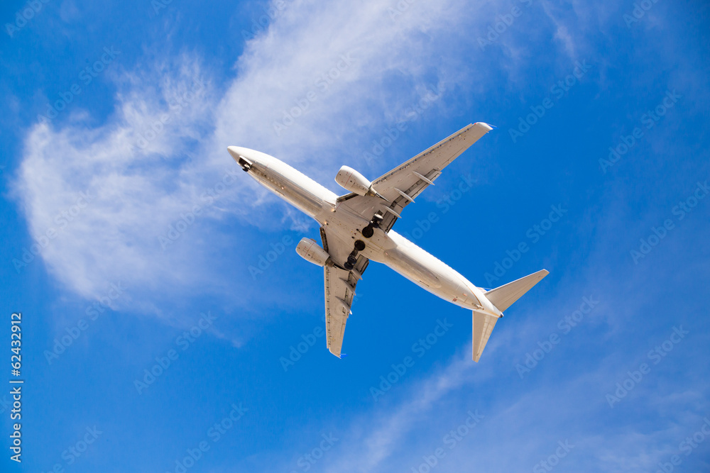 Airplane Flying Overhead with Blue Sky Airplane Flying Overhead with Blue Sky