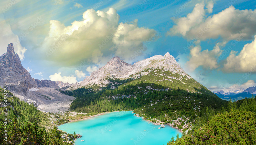 Panoramic view of Lake Sorapiss, faboulous landscape of Dolomite