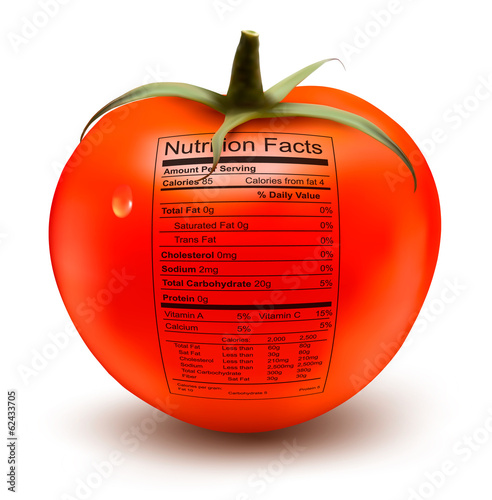 Tomato with a nutrition facts label. Concept of healthy food. Ve