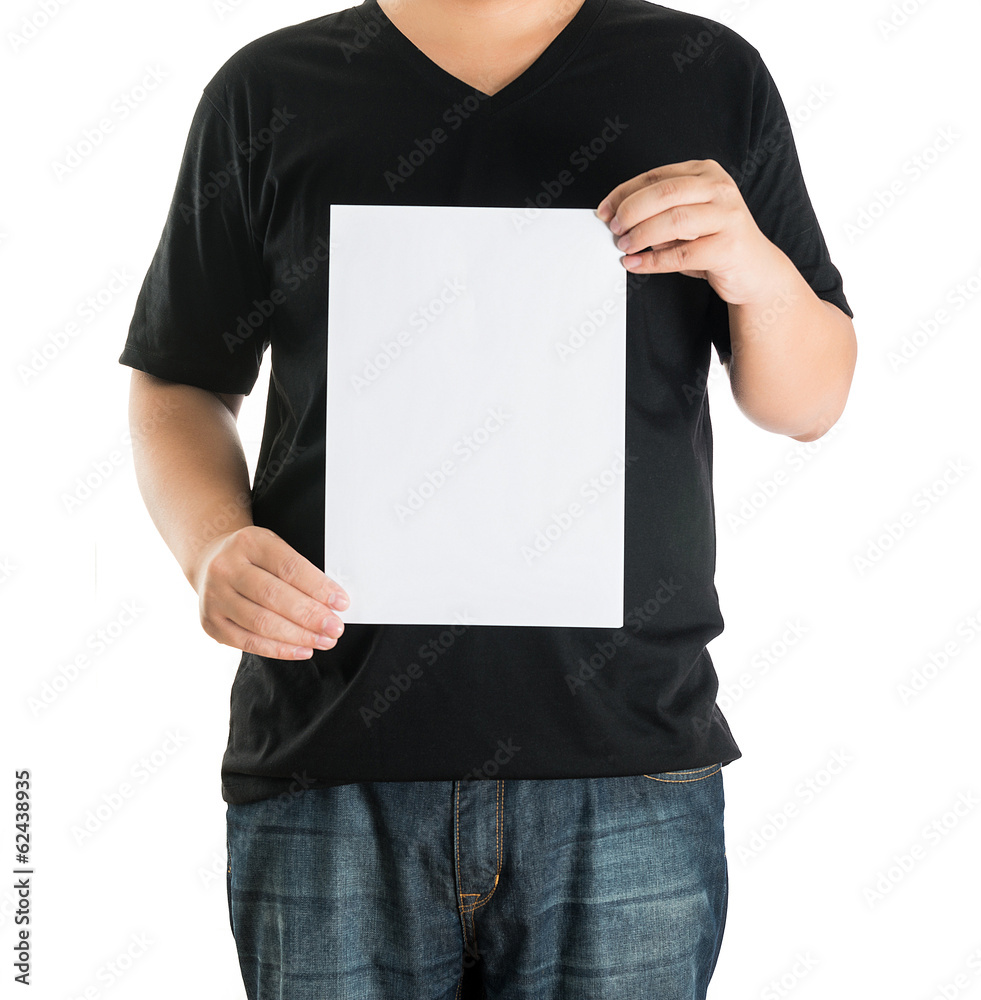 close up of man hands showing white blank board