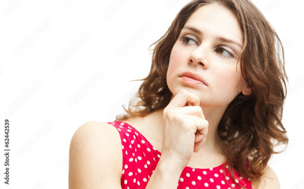 young beautiful woman in red blouse thought, isolated on white b young beautiful woman in red blouse thought, isolated on white b
