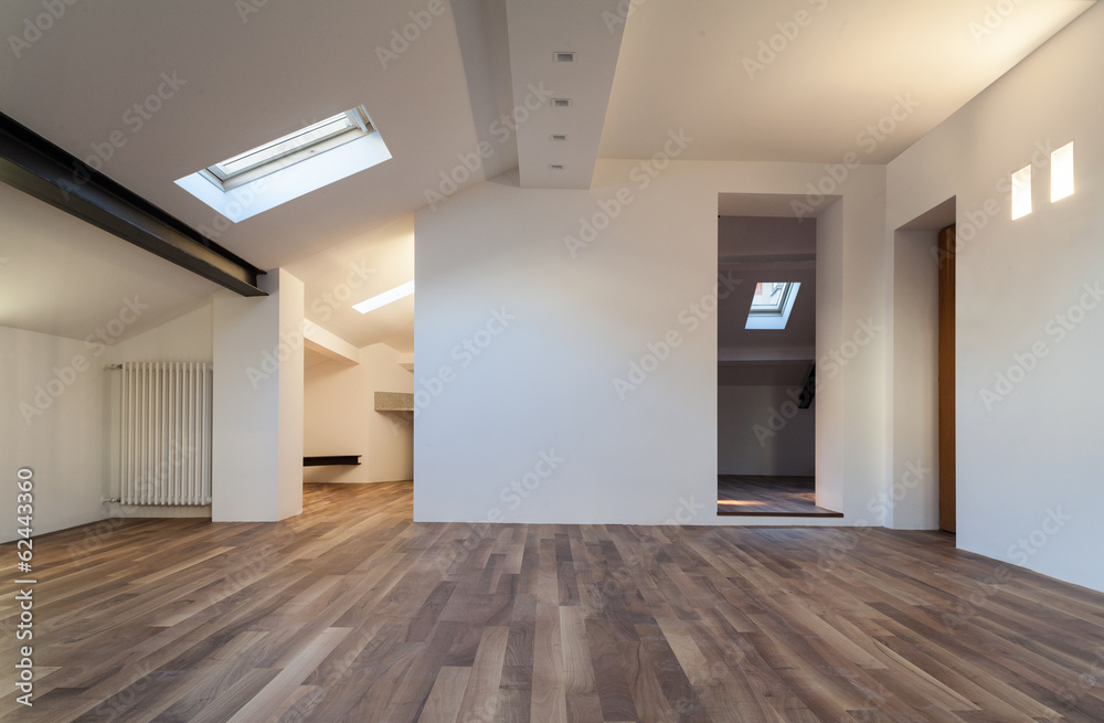 Interior nice loft, wall white, parquet floor Interior nice loft, wall white, parquet floor