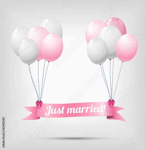 ribbon with text just married, hanging on balloons