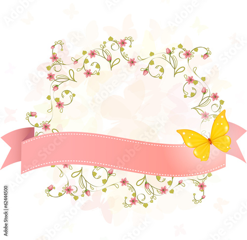 Banner di primavera, fiori e farfalle