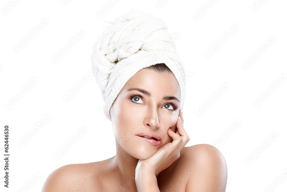 Beautiful Thoughtful Girl with Towel on Head. Idea. Beautiful Thoughtful Girl with Towel on Head. Idea.