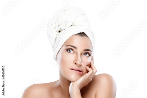 Beautiful Thoughtful Girl with Towel on Head. Idea.