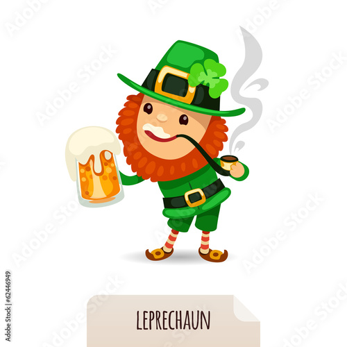 Leprechaun with beer smokes a pipe