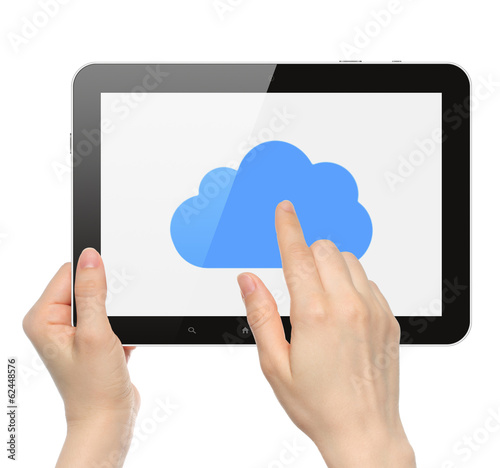 Women hands hold and touch tablet PC with cloud