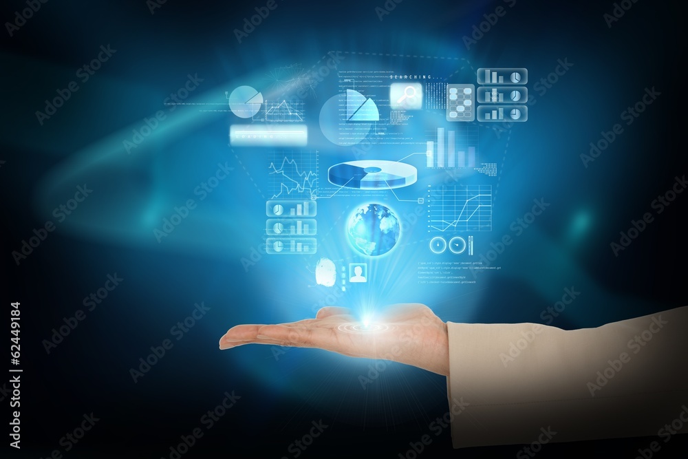 Hand presenting interface with earth and data Hand presenting interface with earth and data