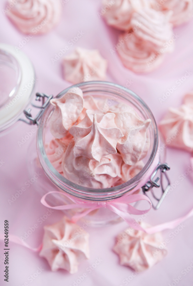 Pink meringues in a glass jar Pink meringues in a glass jar