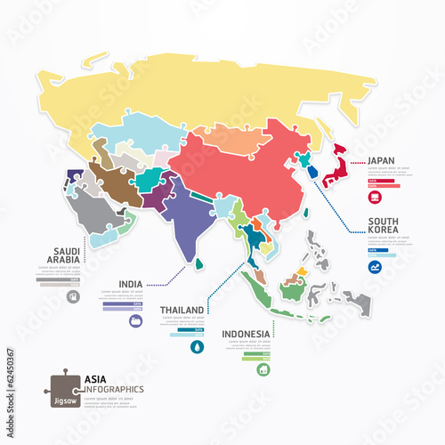 Asia Infographic Map Template jigsaw concept banner. vector illu