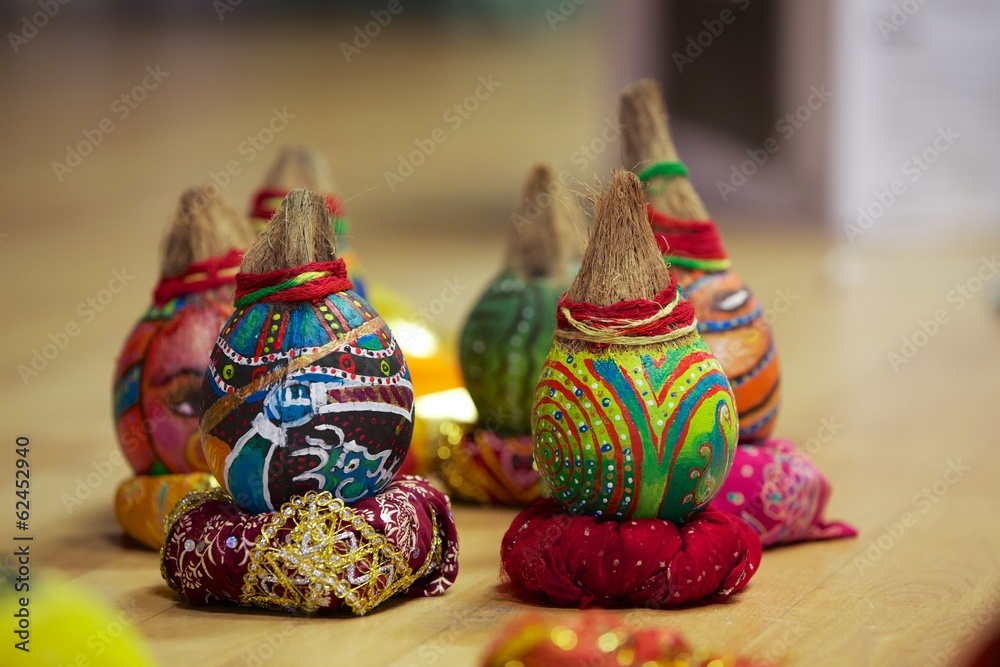 Beautifully decorated Hindu Gujarati wedding coconuts