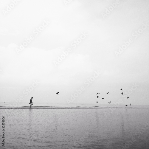 man walking on the beach with flock of birds flying