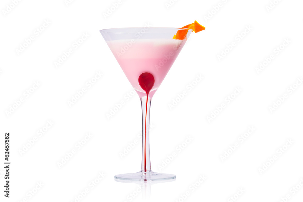 Pink martini cocktail with orange peel twist over white