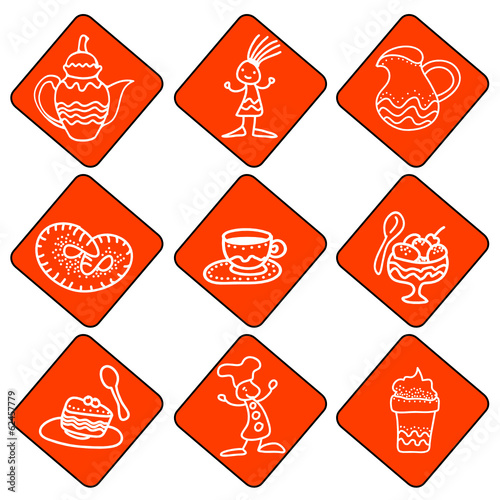 Icones with tea and coffee things on red