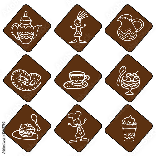 Icones with tea and coffee things on brown