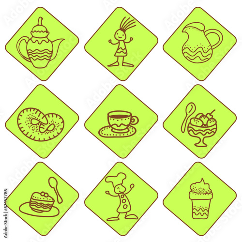 Icones with tea and coffee things on green